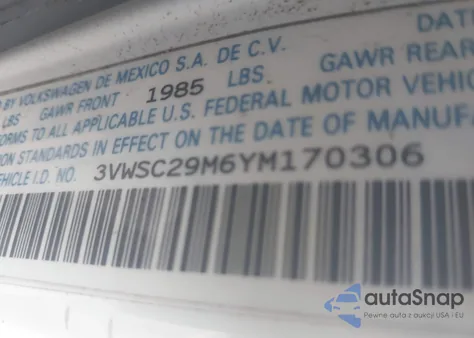 2000 Volkswagen Jetta Gls z USA, uszkodzony, nr VIN 3VWSC29M6YM170306